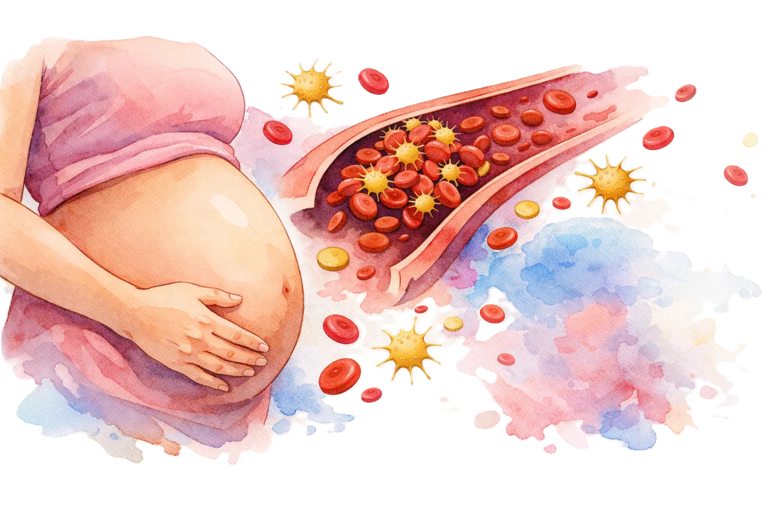 Ilustración de embarazo con representación de células sanguíneas alteradas, asociada a trastornos hematológicos.
