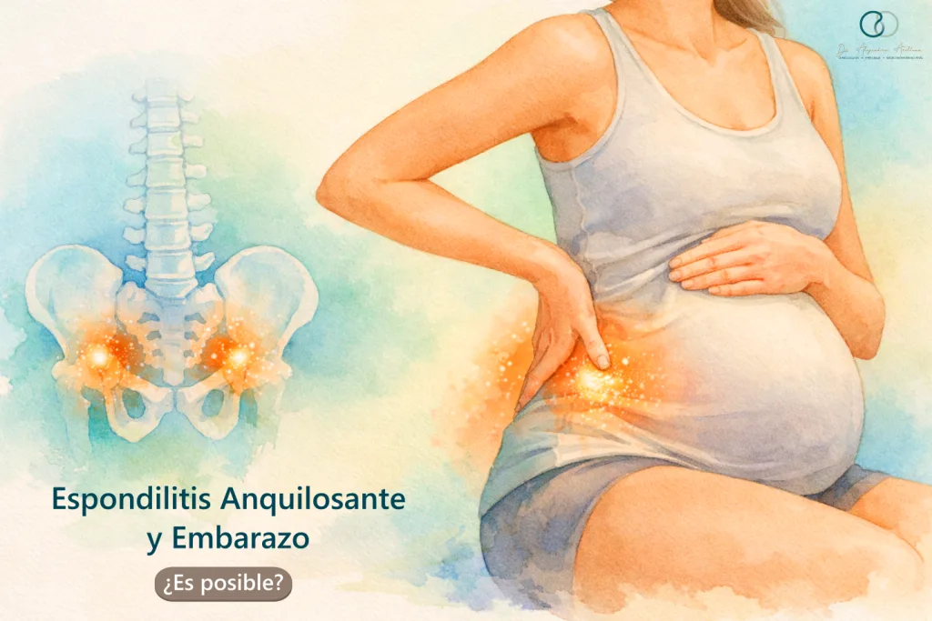 Ilustración médica de mujer embarazada con dolor lumbopélvico, asociada a espondilitis anquilosante y embarazo.