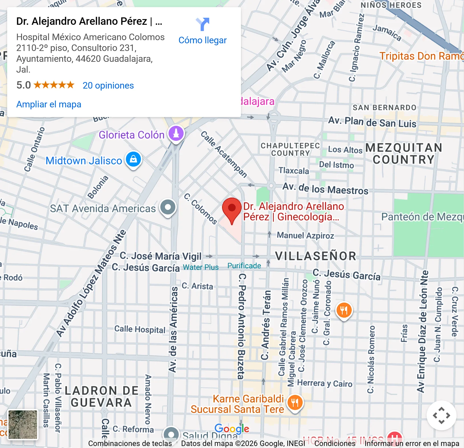 Ubicación del Dr. Alejandro Arellano, especialista en fertilidad, medicina materno fetal, embarazo de alto riesgo, ginecología, obstetricia y menopausia en Guadalajara
