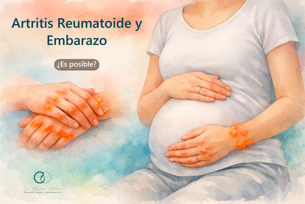 Mujer embarazada sentada con manos sobre el abdomen y articulaciones de manos resaltadas, ilustrando artritis reumatoide durante el embarazo.