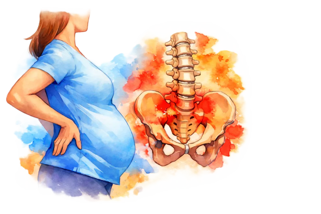 Ilustración en acuarela de mujer embarazada y columna lumbar con sacroilíacas resaltadas, asociada a espondilitis anquilosante y embarazo.