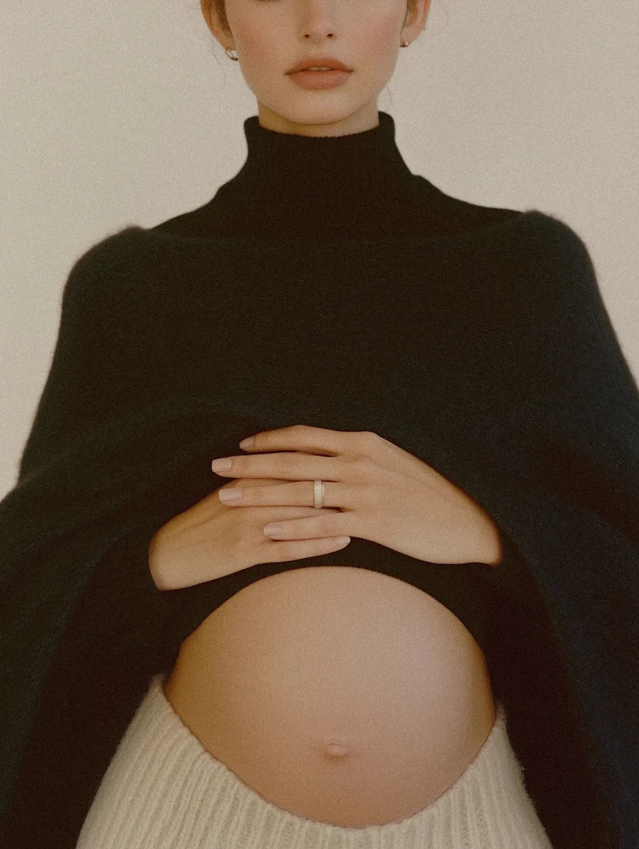 Mujer embarazada con vestimenta sobria y estética minimalista, en un entorno neutro que evoca fertilidad y maternidad.