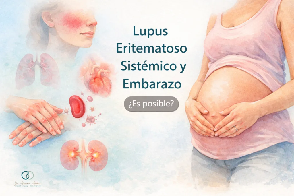 Ilustración médica en acuarela de embarazo con lupus eritematoso sistémico, mostrando afectación articular, renal y cutánea de forma empática.
