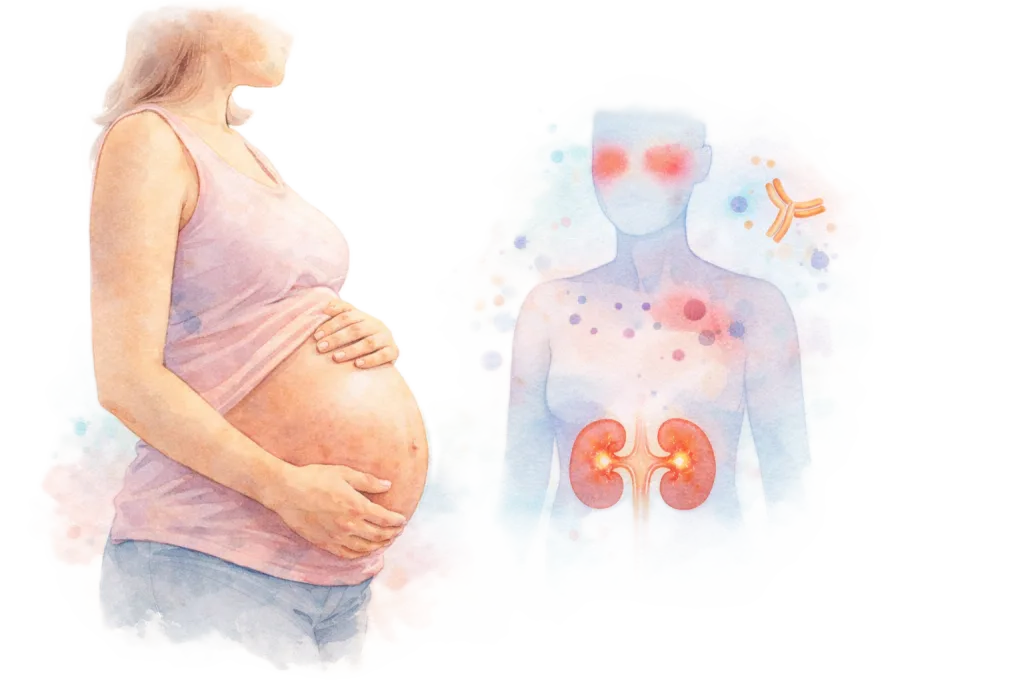 Ilustración médica en acuarela de mujer embarazada junto a esquema corporal que muestra afectación renal y cutánea del lupus eritematoso sistémico.