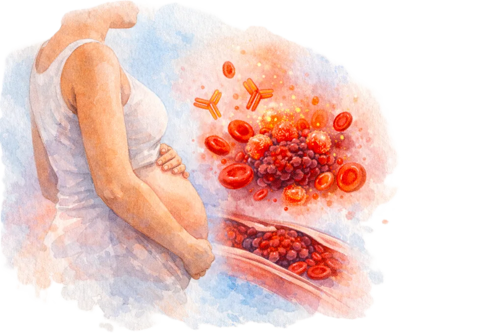 Ilustración médica en acuarela de mujer embarazada y esquema de trombo con anticuerpos, asociada a síndrome antifosfolípidos.